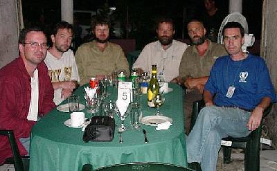 Dinner at the 'Burnt House Restaurant' in East Dili. Left to right: Trey 4W/N5KO, Berny 4W/W3UR, Nev 4W6/VK2QF, Ross 4W6UN, Thor 4W6MM and Jose 4W6EB/CT1EEB.