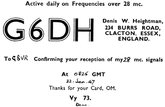 The QSL card of 50MHz pioneer G6DH