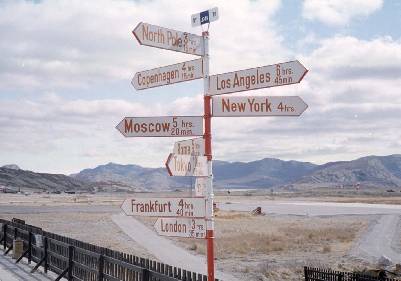 Traffic signs at the airport.  Soendre Stroemfjord is just about in the middle of everywhere.