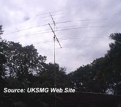 On top of the mast a 5-ele Tonna for 6m, below a Force 12-C4 for 10-40 metres. On 80 and 160 inverted L's are used. The top band inverted L is also used on 30 metres.